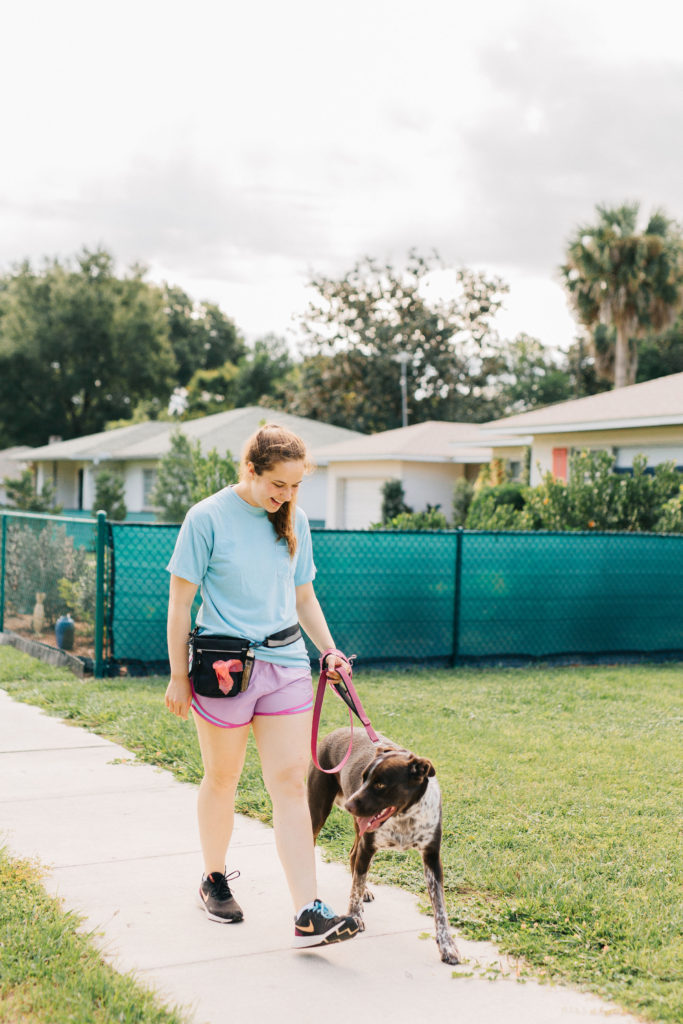 girl walking her cattle dog pointer mix with the ultimate dog walking bag from mobile dog gear sparkles and sunshine blog
