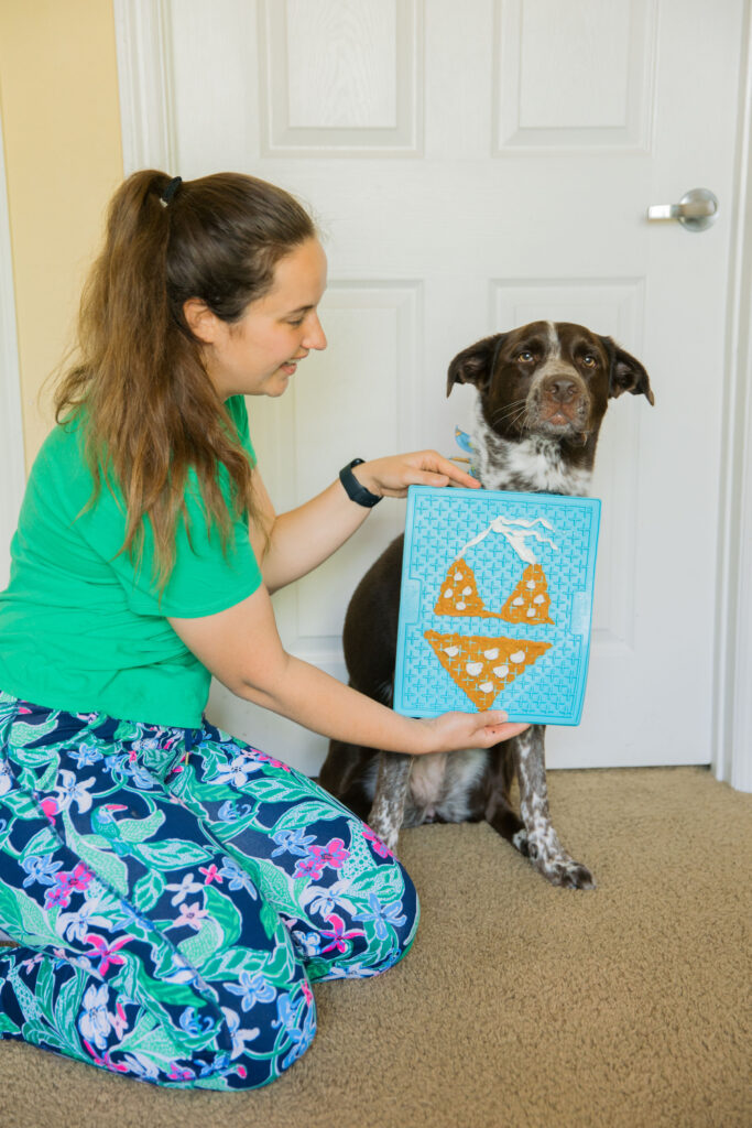 Homemade yogurt and pumpkin dog treats on licking mat for dog Sparkles and Sunshine blog
