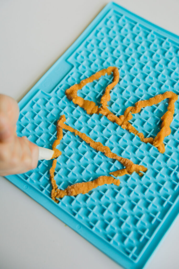 Homemade yogurt and pumpkin dog treats on licking mat for dog Sparkles and Sunshine blog