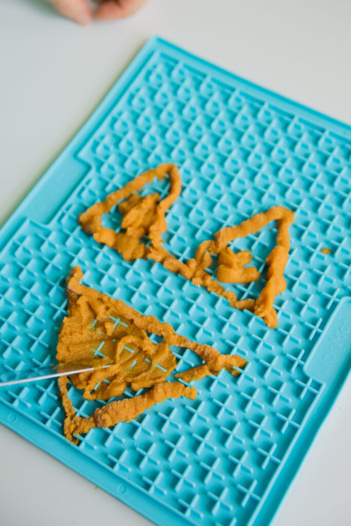 Homemade yogurt and pumpkin dog treats on licking mat for dog Sparkles and Sunshine blog