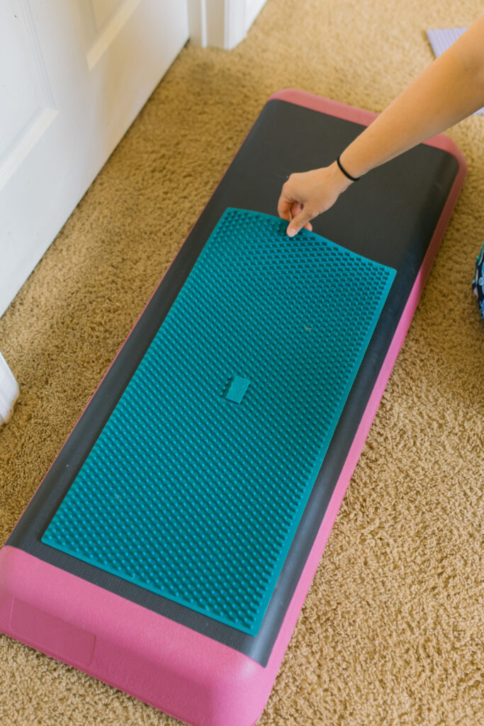 FitPaws K9 FitMat and FitPaws TRAX Targets on aerobic bench step platform for canine conditioning exercises Sparkles and Sunshine Blog
